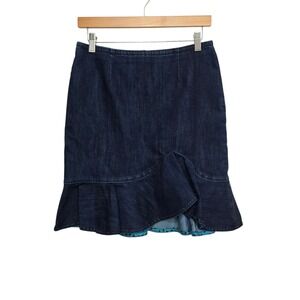 LEIFSDOTTIR Anthropologie Dark Wash Denim Ruffle Hem Midi Skirt Women Size 6